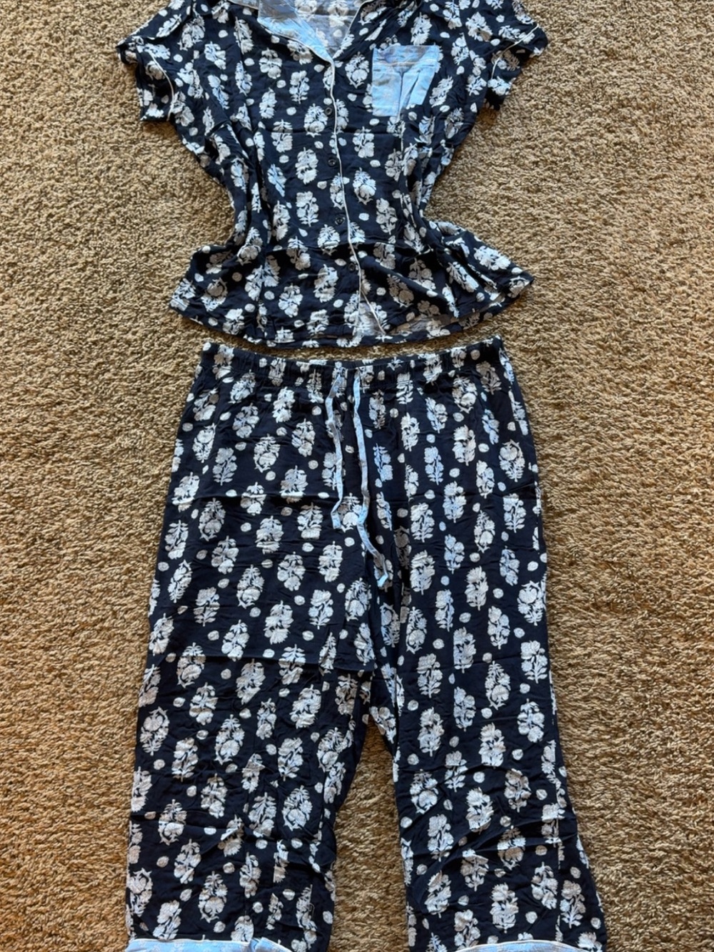 Women’s Navy Floral Pajama Top and Bottoms with Light Blue Trim